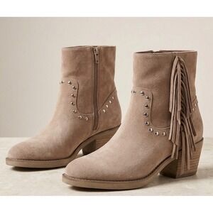 Sam Edelman Bernie Taupe Suede Fringe Studded Square Toe Ankle Boots 5.5 Western